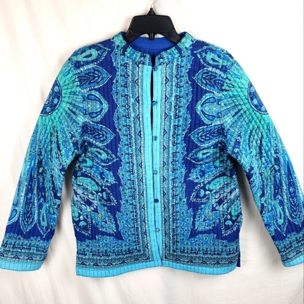 Quilted Long Sleeve Printed Button Down Reversible Jacket Sz L - Picture 1 of 11